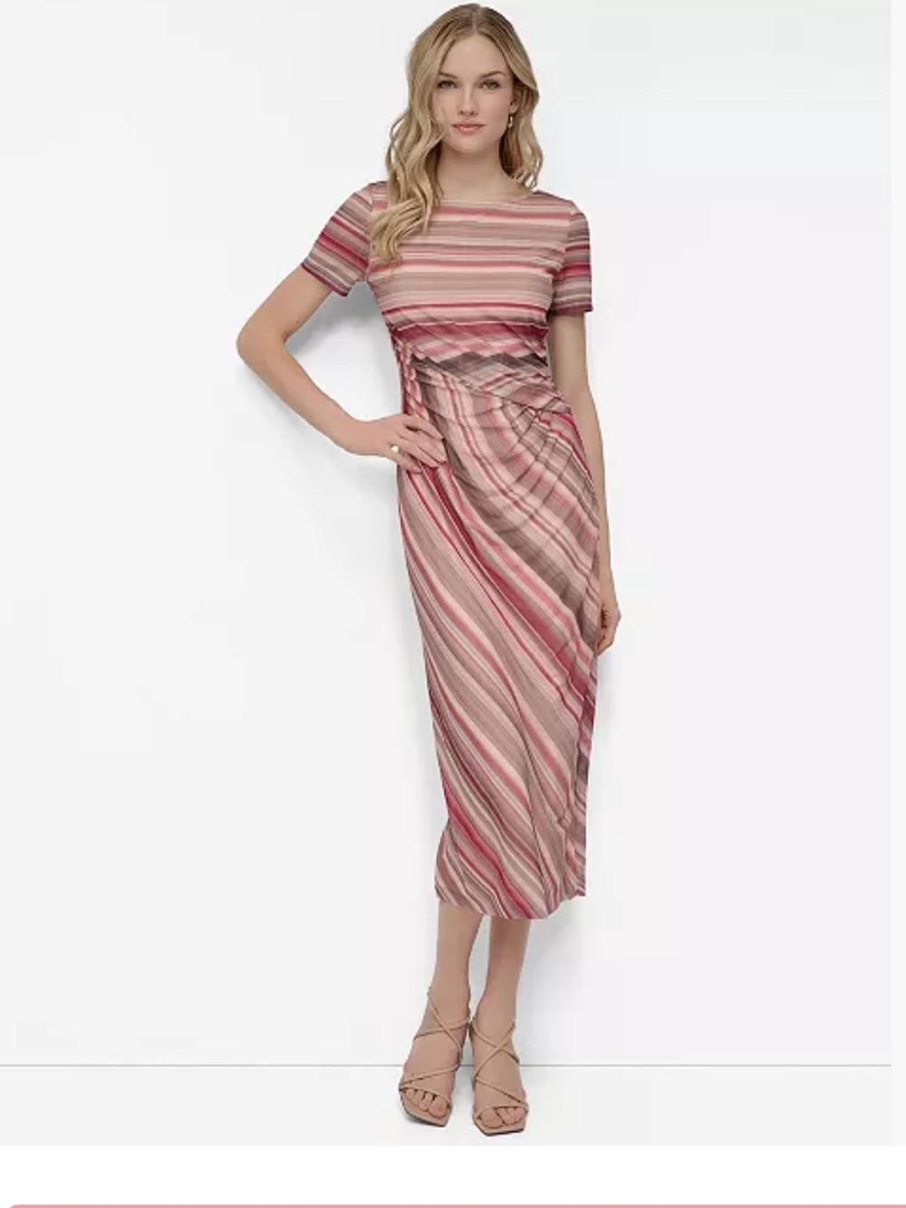 DKNY Pink and Beige Striped Side-Knot Boat-Neck Midi Dress